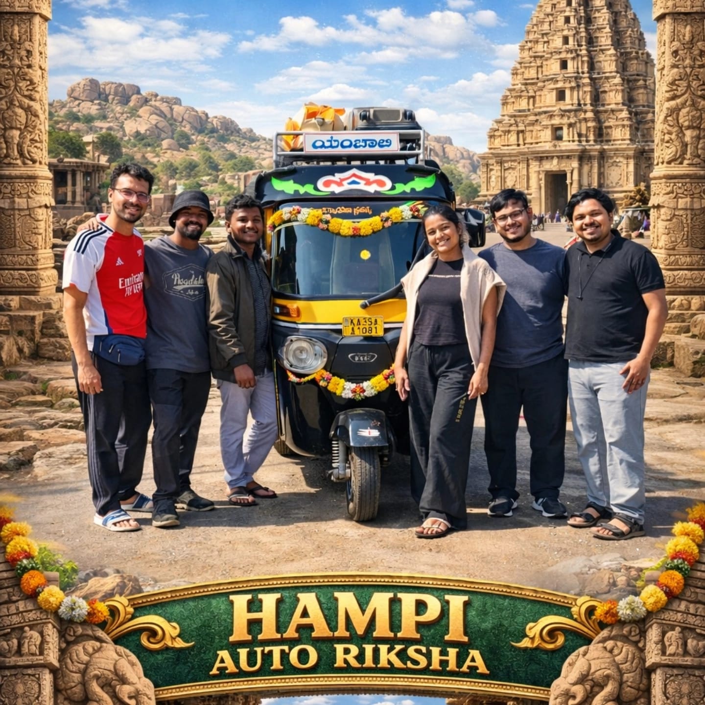 Happy tourists with Rakesh Hampi Auto at Virupaksha Temple