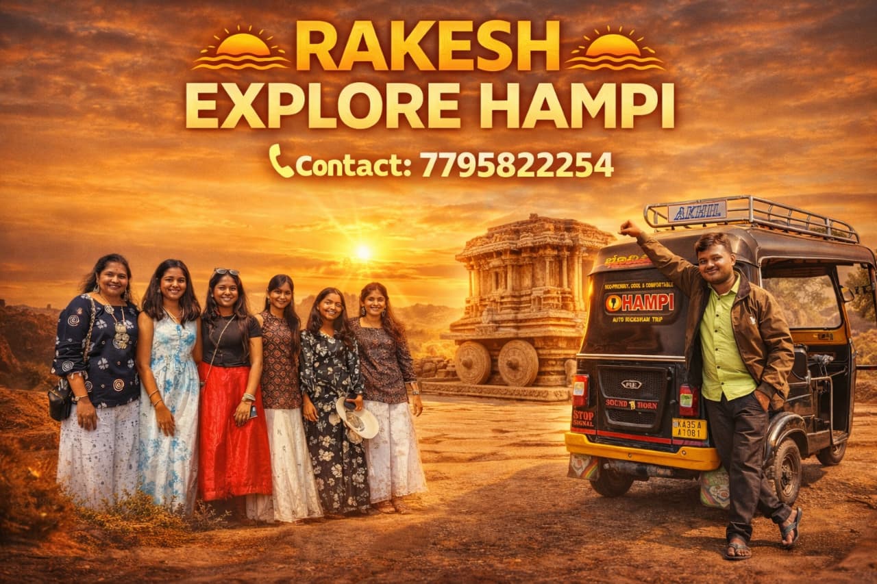 Tourists exploring Hampi ruins and temples